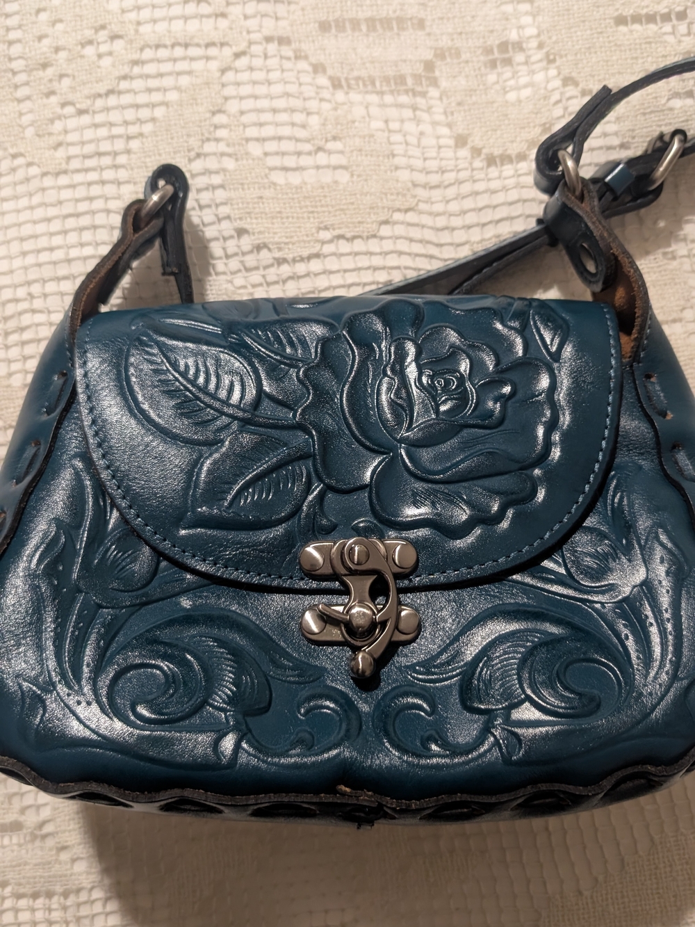Teal Floral Tooled Leather Crossbody Bag